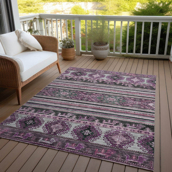 HomeRoots 5' Vibrant Purple Plum and Gray Tribal Washable Area Rug for Indoor and Outdoor High-Traffic Spaces 8' X 10' 615425