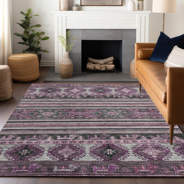 HomeRoots 5' Vibrant Purple Plum and Gray Tribal Washable Area Rug for Indoor and Outdoor High-Traffic Spaces 8' X 10' 615425