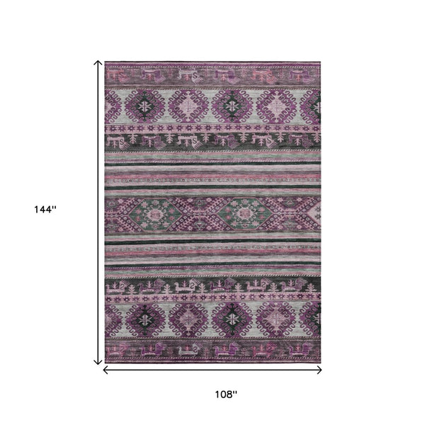 HomeRoots 9' X 12' Washable Purple Plum & Gray Tribal Area Rug – Durable, Stylish, Ideal for Indoor & Outdoor Use! 615426