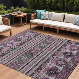HomeRoots 5' Vibrant Purple Plum and Gray Tribal Washable Area Rug for Indoor and Outdoor High-Traffic Spaces 10' X 14' 615427