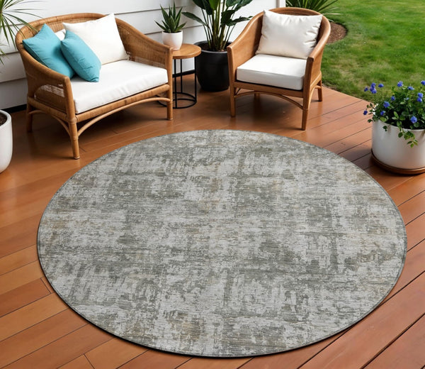 HomeRoots 5' Modern Pewter and Ivory Abstract Washable Area Rug for Indoor and Outdoor High-Traffic Spaces 8' Round 615448