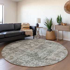 HomeRoots 5' Modern Pewter and Ivory Abstract Washable Area Rug for Indoor and Outdoor High-Traffic Spaces 8' Round 615448
