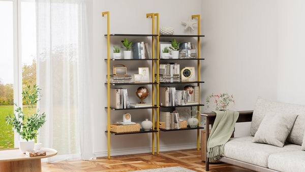 English Elm Industrial Ladder 5-Tier Wall-Mount Bookshelf with Metal Frame, MDF Shelves, Space-Saving Vertical Storage, Black/Golden Finish W578P357543