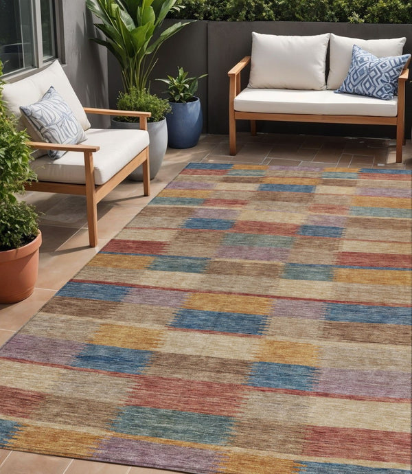HomeRoots 5' Stylish Beige Blue and Gold Striped Washable Rug for Indoor and Outdoor Use - Durable & Chic! 5' X 8' 615465
