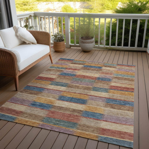 HomeRoots 5' Stylish Beige Blue and Gold Striped Washable Rug for Indoor and Outdoor Use - Durable & Chic! 5' X 8' 615465