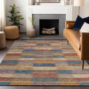 HomeRoots 5' Stylish Beige Blue and Gold Striped Washable Rug for Indoor and Outdoor Use - Durable & Chic! 5' X 8' 615465