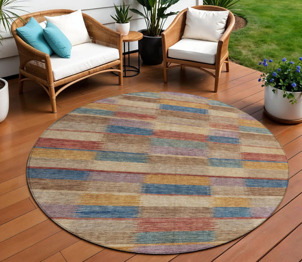 HomeRoots 5' Stylish Beige Blue and Gold Striped Washable Rug for Indoor and Outdoor Use - Durable & Chic! 8' Round 615466