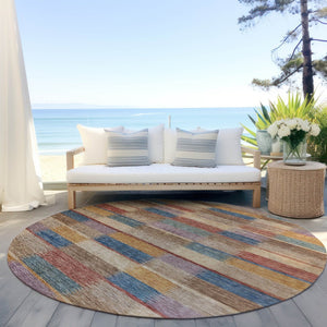 HomeRoots 5' Stylish Beige Blue and Gold Striped Washable Rug for Indoor and Outdoor Use - Durable & Chic! 8' Round 615466