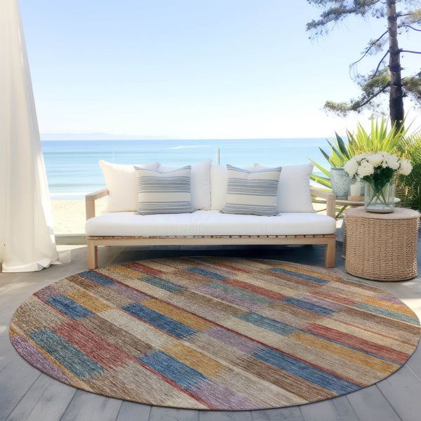 HomeRoots 5' Stylish Beige Blue and Gold Striped Washable Rug for Indoor and Outdoor Use - Durable & Chic! 8' Round 615466