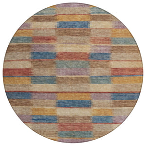 HomeRoots 5' Stylish Beige Blue and Gold Striped Washable Rug for Indoor and Outdoor Use - Durable & Chic! 8' Round 615466