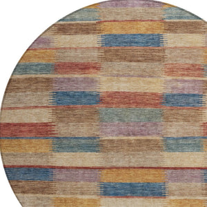 HomeRoots 5' Stylish Beige Blue and Gold Striped Washable Rug for Indoor and Outdoor Use - Durable & Chic! 8' Round 615466