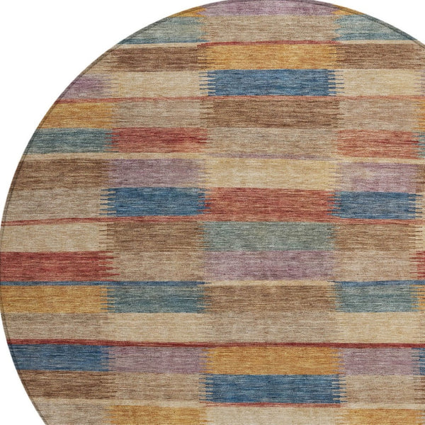 HomeRoots 5' Stylish Beige Blue and Gold Striped Washable Rug for Indoor and Outdoor Use - Durable & Chic! 8' Round 615466