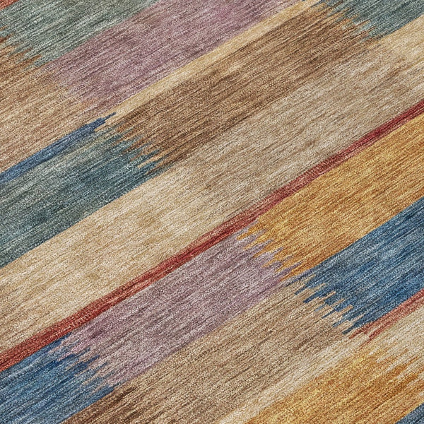 HomeRoots 5' Stylish Beige Blue and Gold Striped Washable Rug for Indoor and Outdoor Use - Durable & Chic! 8' Round 615466