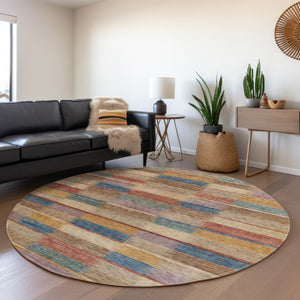 HomeRoots 5' Stylish Beige Blue and Gold Striped Washable Rug for Indoor and Outdoor Use - Durable & Chic! 8' Round 615466