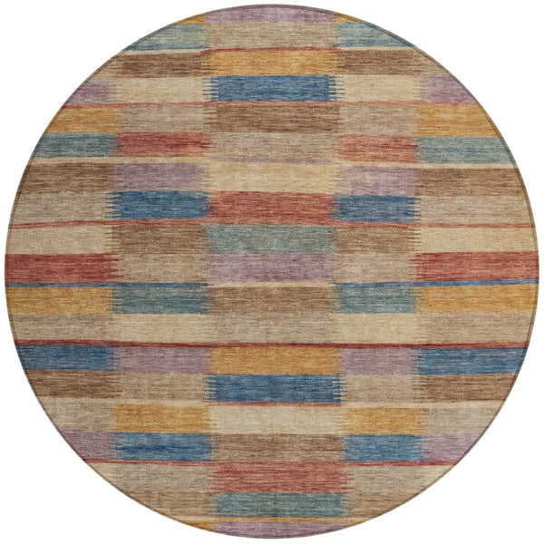 HomeRoots 5' Stylish Beige Blue and Gold Striped Washable Rug for Indoor and Outdoor Use - Durable & Chic! 8' Round 615466