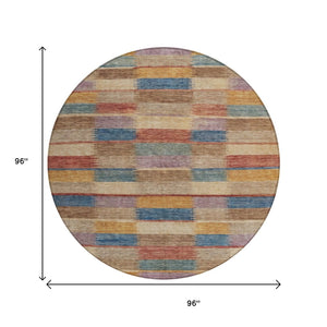 HomeRoots 5' Stylish Beige Blue and Gold Striped Washable Rug for Indoor and Outdoor Use - Durable & Chic! 8' Round 615466