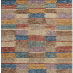 HomeRoots 5' Stylish Beige Blue and Gold Striped Washable Rug for Indoor and Outdoor Use - Durable & Chic! 8' X 10' 615467