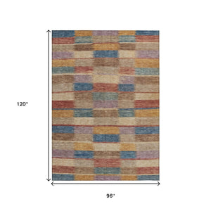 HomeRoots 5' Stylish Beige Blue and Gold Striped Washable Rug for Indoor and Outdoor Use - Durable & Chic! 8' X 10' 615467