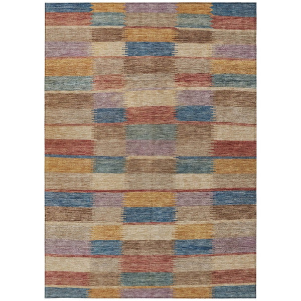 HomeRoots 5' Stylish Beige Blue and Gold Striped Washable Rug for Indoor and Outdoor Use - Durable & Chic! 9' X 12' 615468