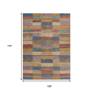 HomeRoots 5' Stylish Beige Blue and Gold Striped Washable Rug for Indoor and Outdoor Use - Durable & Chic! 9' X 12' 615468