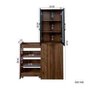 English Elm 70.87" Modern Display Storage Cabinet with 4-Tier Pull-Out Shelves, Dual Glass Doors for Home Walnut W331P295246