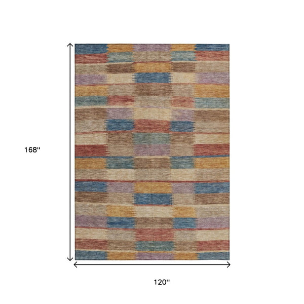 HomeRoots 5' Stylish Beige Blue and Gold Striped Washable Rug for Indoor and Outdoor Use - Durable & Chic! 10' X 14' 615469