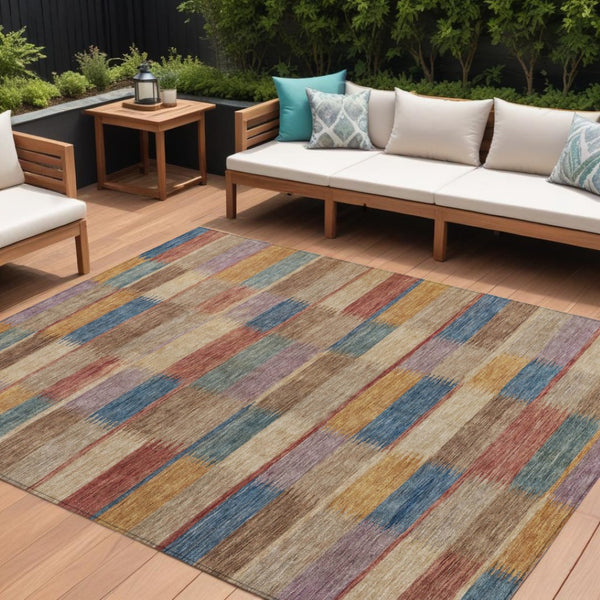HomeRoots 5' Stylish Beige Blue and Gold Striped Washable Rug for Indoor and Outdoor Use - Durable & Chic! 10' X 14' 615469