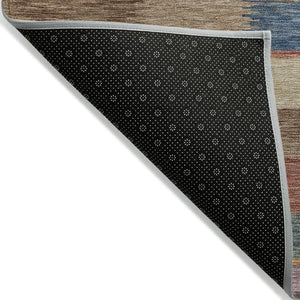 HomeRoots 5' Stylish Beige Blue and Gold Striped Washable Rug for Indoor and Outdoor Use - Durable & Chic! 10' X 14' 615469