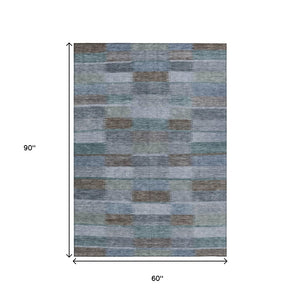 HomeRoots 5' Stylish Blue Denim and Brown Striped Washable Area Rug for Indoor and Outdoor Use, Durable Design 5' X 8' 615477