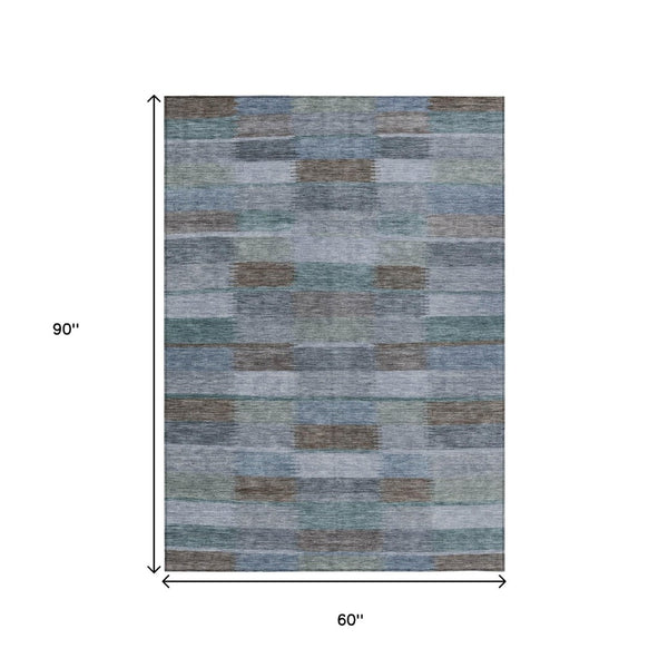 HomeRoots 5' Stylish Blue Denim and Brown Striped Washable Area Rug for Indoor and Outdoor Use, Durable Design 5' X 8' 615477