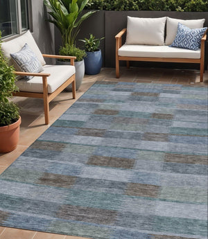HomeRoots 5' Stylish Blue Denim and Brown Striped Washable Area Rug for Indoor and Outdoor Use, Durable Design 5' X 8' 615477
