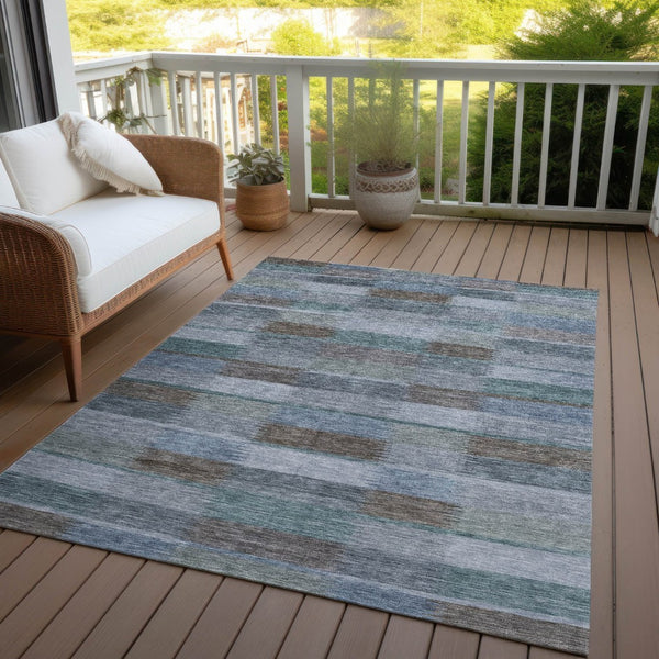 HomeRoots 5' Stylish Blue Denim and Brown Striped Washable Area Rug for Indoor and Outdoor Use, Durable Design 5' X 8' 615477