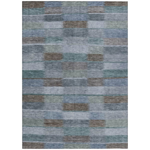 HomeRoots 5' Stylish Blue Denim and Brown Striped Washable Area Rug for Indoor and Outdoor Use, Durable Design 5' X 8' 615477