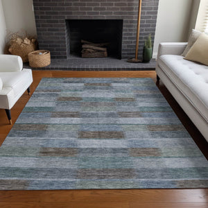 HomeRoots 5' Stylish Blue Denim and Brown Striped Washable Area Rug for Indoor and Outdoor Use, Durable Design 5' X 8' 615477