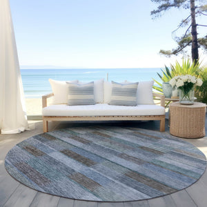 HomeRoots 5' Stylish Blue Denim and Brown Striped Washable Area Rug for Indoor and Outdoor Use, Durable Design 8' Round 615478