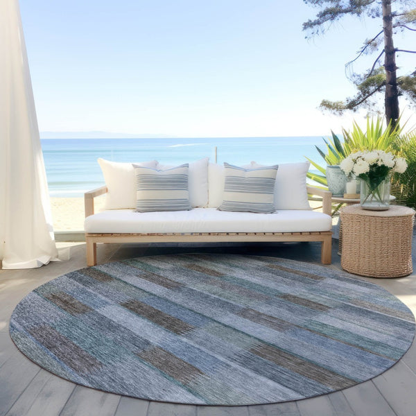 HomeRoots 5' Stylish Blue Denim and Brown Striped Washable Area Rug for Indoor and Outdoor Use, Durable Design 8' Round 615478