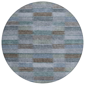HomeRoots 5' Stylish Blue Denim and Brown Striped Washable Area Rug for Indoor and Outdoor Use, Durable Design 8' Round 615478