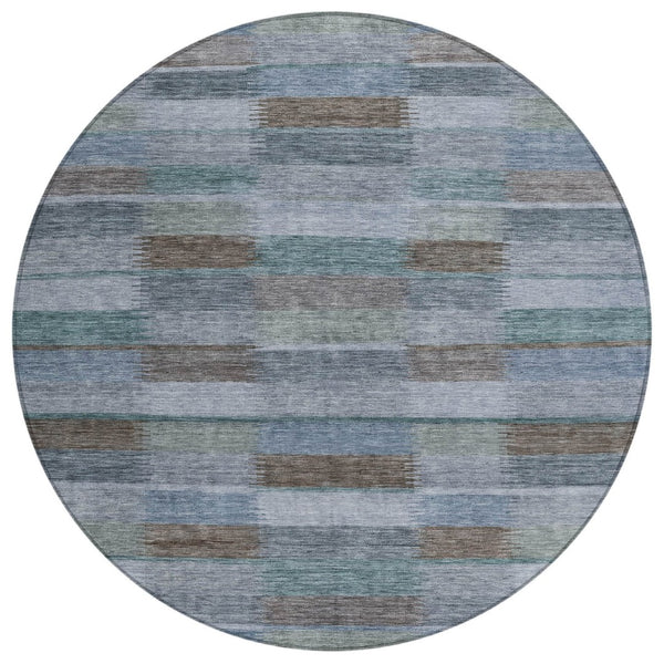 HomeRoots 5' Stylish Blue Denim and Brown Striped Washable Area Rug for Indoor and Outdoor Use, Durable Design 8' Round 615478