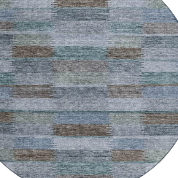 HomeRoots 5' Stylish Blue Denim and Brown Striped Washable Area Rug for Indoor and Outdoor Use, Durable Design 8' Round 615478