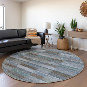 HomeRoots 5' Stylish Blue Denim and Brown Striped Washable Area Rug for Indoor and Outdoor Use, Durable Design 8' Round 615478