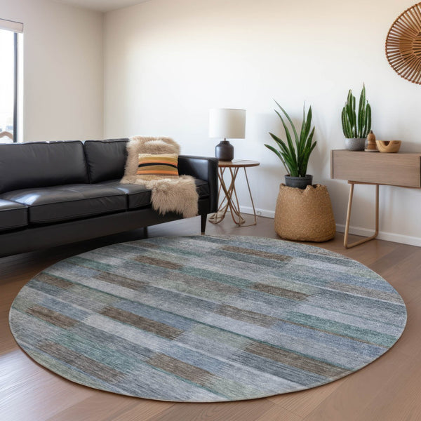HomeRoots 5' Stylish Blue Denim and Brown Striped Washable Area Rug for Indoor and Outdoor Use, Durable Design 8' Round 615478