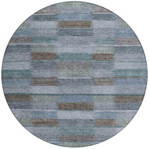 HomeRoots 5' Stylish Blue Denim and Brown Striped Washable Area Rug for Indoor and Outdoor Use, Durable Design 8' Round 615478