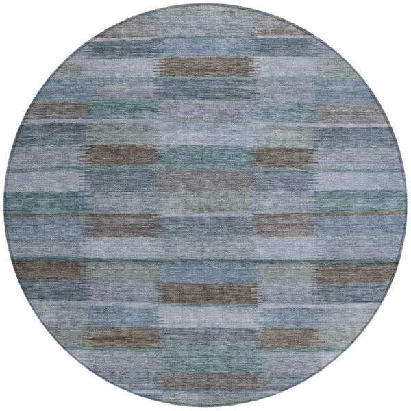 HomeRoots 5' Stylish Blue Denim and Brown Striped Washable Area Rug for Indoor and Outdoor Use, Durable Design 8' Round 615478
