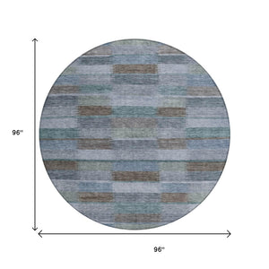 HomeRoots 5' Stylish Blue Denim and Brown Striped Washable Area Rug for Indoor and Outdoor Use, Durable Design 8' Round 615478