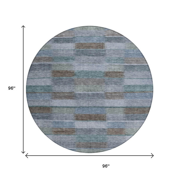 HomeRoots 5' Stylish Blue Denim and Brown Striped Washable Area Rug for Indoor and Outdoor Use, Durable Design 8' Round 615478