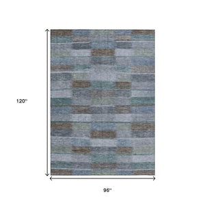 HomeRoots 5' Stylish Blue Denim and Brown Striped Washable Area Rug for Indoor and Outdoor Use, Durable Design 8' X 10' 615479