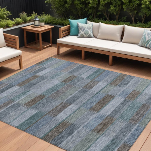 HomeRoots 5' Stylish Blue Denim and Brown Striped Washable Area Rug for Indoor and Outdoor Use, Durable Design 8' X 10' 615479