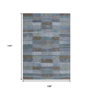 HomeRoots 5' Stylish Blue Denim and Brown Striped Washable Area Rug for Indoor and Outdoor Use, Durable Design 9' X 12' 615480