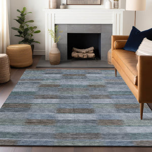 HomeRoots 5' Stylish Blue Denim and Brown Striped Washable Area Rug for Indoor and Outdoor Use, Durable Design 9' X 12' 615480