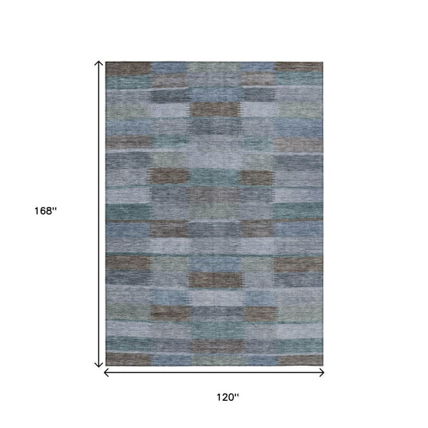 HomeRoots 5' Stylish Blue Denim and Brown Striped Washable Area Rug for Indoor and Outdoor Use, Durable Design 10' X 14' 615481